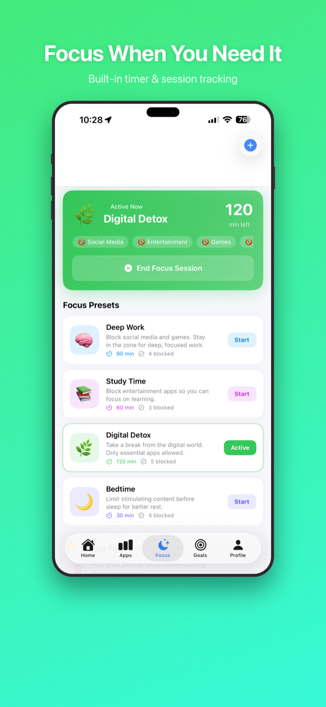 Focus mode with presets like Deep Work and Digital Detox