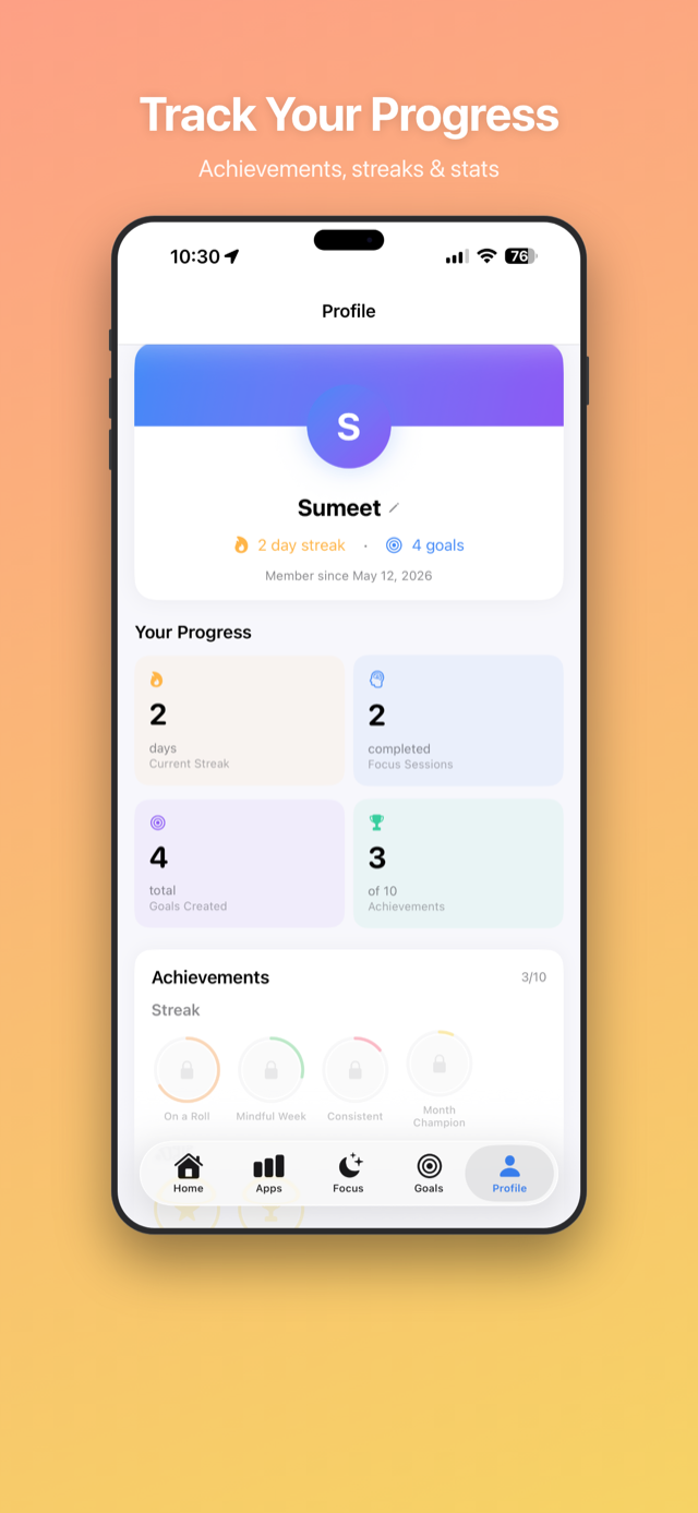 Profile with streaks, stats, and achievements